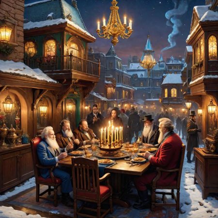 (((4k uhd))), (((high dynamic range:1.8))), ultra detailed, real photographic  nikon z7,  rich color,  hanukkah, rockwell masterpiece, highly detailed environment, (((highly detailed objects:1.4))), disco elysium OverallDetail (Thomas Kinkade Style)