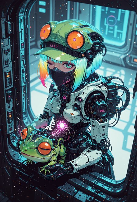<lora:ck-nc-cyberpunk-IL-000011:0.60>,  masterpiece, best quality, good quality, very aesthetic, absurdres, newest, 8K, depth of field, focused subject, dynamic angle, side view, from above, action shot, wabi sabi android woman, rainbow hair, glowing hair, cute simplistic frog hat, gazing at the viewer, clean visible face, clean white rectangular ceramic material and mechanical parts, their face mask is open, one eye has mechanical enhancements, servos, wires, exposed circuits, skin, holding giant green lillypad, (futuristic fractal shaped artemis station in background, window view), Sci-fi anime movie (style by George Shaw),shallow depth of field, vignette, (Fujicolor Superia X-TRA 400) , (bioluminecent glow:0.8),
in the style of cknc,
<lora:MoriiMee_Gothic_Niji_Style_Illustrious_r1:0.5>
<lora:ck-neon-retrowave-IL:0.85>
<lora:ck-shadow-circuit-IL:0.35>