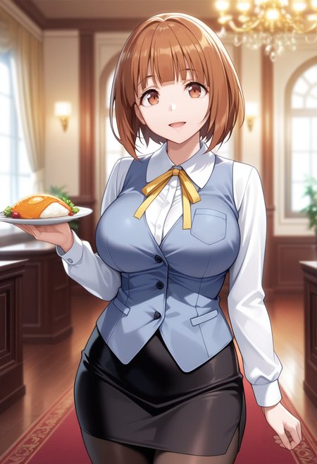 masterpiece, best quality, amazing quality,arino yayoi, brown eyes, brown hair, short hair, mature female, 1girl, breasts,solo, large breasts,white shirt,blue vest,black skirt,pantyhose,yellow ribbon,open mouth, light smile, holding plate, arm at side, standing, looking at viewer, cowboy shot,indoors, curtains, chandelier, blurry background  <lora:arino yayoiV1:1>