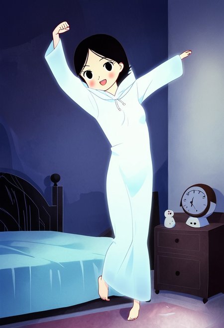 zPDXL3, source_cartoon, Perfect Hands, full body,
1girl, solo, aged down, bedroom, looking at viewer, saoirse, black hair, black eyes, blush, ghost, hood up, robe, barefoot, glowing, dancing on bed, from behind, facing at viewer, feeling cold, eyes open, smile, open mouth, sleeve past wrist, slim body, highlight cloth wrinkle, anime style, kicking, jumping,
<lora:Perfect Hands:1>  <lora:Saoirse_-_The_Song_of_the_Sea-000009:1>
