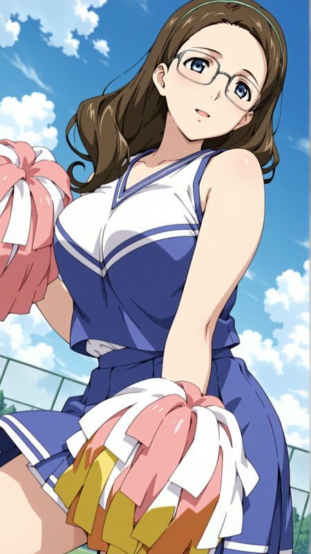 source_anime, general, best quality, masterpiece, 1girl,  <lora:Marie_ill:1> marie\(gunxsword\),blue eyes,tareme,brown hair,long hair,glasses,mature,cheerleader, dynamic pose, dutch angle,