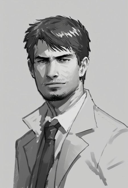 kyle_hyde, black and white pencil sketch, grayscale, monochrome, man, face portrait, looking at viewer, formal suit, collared shirt, necktie, simple gray background
