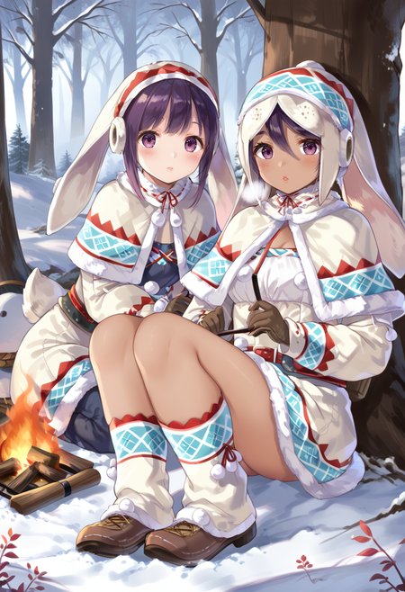 (score_9:0.9),score_8_up,score_7_up,rating_safe,anime style,(zPDXL),<lora:lagombi armor ponyXL v1:0.8>,2girls,lagombi armor,white hat,white gloves,white knee boots,solo,1girl,purple eyes,blush,sitting,looking at viewer,full body,snow,campfire,camp,dark-skinned female,mature female,<lora:MatureFemalePony:0.6>,lagombi cat