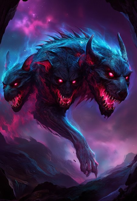 fantasy. Kerberos. A demonic dog with three heads. Scary. Gigantic.
perfection style, vivid colors, colorful, aidmaMJ6.1, halloweenstyle, from side