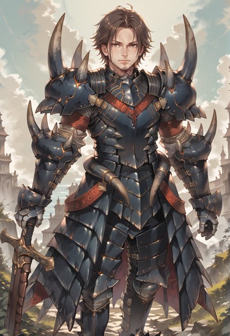 (score_9:0.9),score_8_up,score_7_up,rating_safe,anime style,(zPDXL),<lora:Akantor armor - male ponyXL v1:0.8>,akantor armor, weapon, sword, male focus, 1boy, solo, brown eyes, black gauntlets, black shoulder armor, black armor skirt, black armor boots, short hair, brown hair