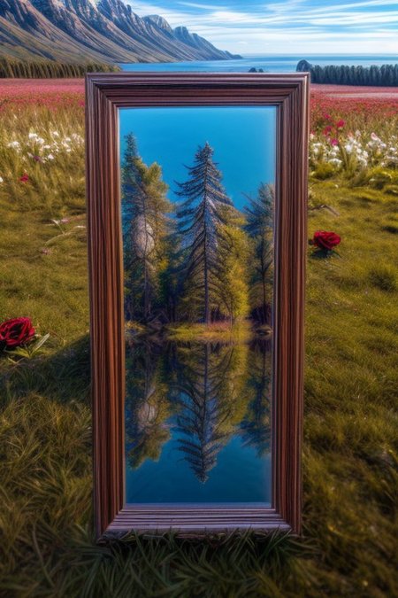 masterpiece, best quality, ultra-detailed, realistic, 8k, pine tree, flowers fields, many kinds of flowers, a couple of rabbits on very distant, lakes, meadows, grass, glitter on top, daytime, sunlight, cloudy, some birds fly in the sky over long distances, out-of-this-world scenery, lifelike, naturalism, greatest naturalism photo, immaculate detailed realism photography, rich colors, best colors perfect composition, perfect colors, colorful, clear photo, intrigue nature panorama, delicate nature photo, immaculate micro-details nature elements, (out-of-this-world scenery:1.23), beautiful landscape, beautiful flowers, crystal fantastic, breathtaking beautiful nature,  unmatched beauty nature, more nature elements, rich nature elements, (emphasize a rectangle giant_mirror reflects the natural scenery in great detail:1.37), a (standing mirror with brown wood picture frame, standing mirror on the grass:1.37), medium shot, (viewing scenery from mirror, a bunch of small red roses are scattered around the frame, perfect scenery views from mirror, view from side, pov side:1.37), (Pikachu's appears on the edge of the mirror:1.37), aesthetic, artistic style, surreal, insanely lifelike, top best naturalism photography, greatest detailed, intricate nature details background, depth of field, no human, detailerlora,