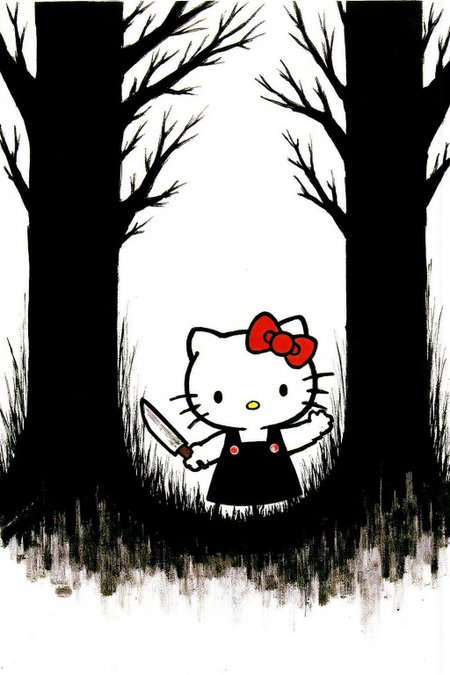 regr1 sketch Hello Kitty in the middle of the forest holding a knife, the atmosphere and the character looks scary, Hello Kitty is hidden by the shadows The background is stark white. <lora:regr2_fashion_nocap_d6a3:1.0><lora:807672100694501235:0>