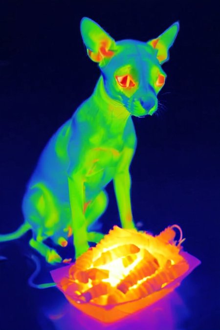 alien pets the dog,  thermalvision  <lora:thermalvision_v0.0.3:1.3>