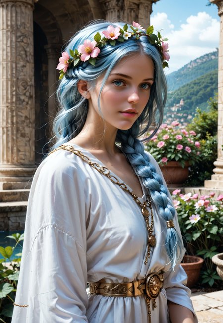 safe_pos, Beautiful woman, 24 years old. Fair skin. Smooth skin. Silvery blue hair. Incredible detail, high clarity. Free hair with braids. Long hair. Pink lips. Good anatomy. Detailed face. Attractive. Curvy. Bosom. European.

She is wearing a beautiful Greek goddess robe. Ancient temple setting. Flower wreath on head.