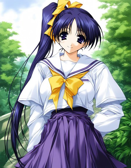 score_9, score_8_up, score_7_up, source_anime, rating_explicit, BREAK  <lora:Itou_Noemi_XL:1> ItouNoemi, long hair, blue hair, blue eyes, hair bow, side ponytail, yellow bow, purple hair, ponytail, hair ribbon, purple eyes, breasts, white bow, smile,
school uniform,  purple skirt,  white long sleeve,
outdoor, day,