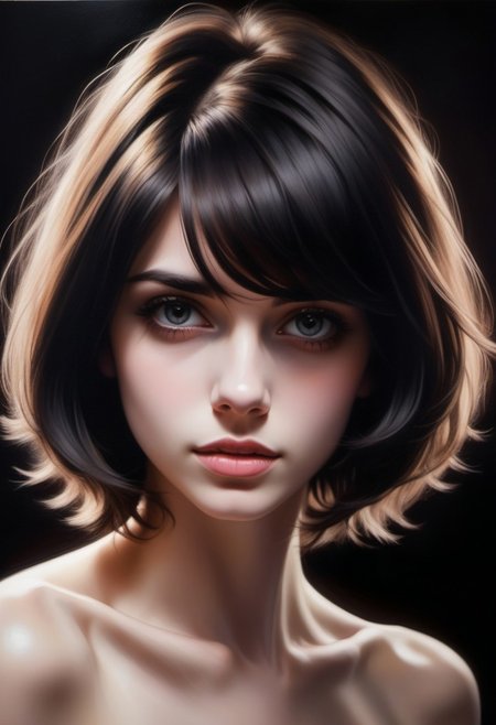 ((anime oil painting)), (head and shoulders portrait), (1girl), (detailed), ((Turning)), (((short stocky Half-Scottish/Turkish girl))), (pretty girl), ((topless)), (((alone on small stage))), (((in front of male tuxedo-wearing Hypnotist))), (poised), ((pale skin)), ((dimples)), (cute face), ((pixie-nose)), ((textured wavy bob-cut hair)), ((clavicles)), (shy eyes), (very embarrassed face), (((appropriate shadowing))), ((appropriate direction of light)), Very Dark background. Intricate textures, (high detailed skin:1.7),