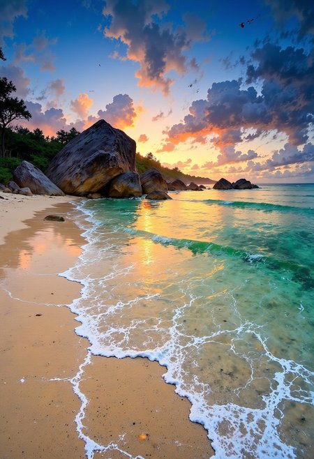 Seychelles Pink Sand Beach – Warm Glow & Giant Boulders
"A magical sunset on a Seychelles beach, where soft pink sand meets crystal-clear turquoise water. The smooth, massive granite boulders are illuminated by the golden hour glow, casting long shadows across the shore. Gentle waves wash over the sand, leaving a shimmering trail of light before retreating into the sea."