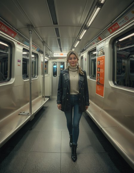 A modern subway train,Subw4y tr41n, in motion, with a single woman standing near the center of the train car, holding onto a shiny metal pole for balance as the train glides along the tracks. The woman is dressed casually yet stylishly, wearing a long black coat over a beige turtleneck sweater, paired with slim-fit jeans and ankle boots. Her hair is neatly tied back into a low bun, with a few loose strands framing her face. She has a thoughtful, calm expression, her gaze directed slightly downward as if lost in her own world. In her other hand, she holds a small tote bag, its strap looped over her wrist, with a paperback book peeking out from the top.
The subway car is clean but shows subtle signs of daily use. The walls are lined with muted gray panels, and the seats along the edges of the car are upholstered in a dark blue fabric, slightly faded from wear. Overhead, fluorescent lighting casts a bright, even glow across the interior, causing faint reflections on the polished floor, which is marked with the occasional scuff from commuters' shoes. Metal grab handles hang from above, gently swaying with the trainâs movement, and shiny steel poles are strategically placed throughout the car.
The windows on both sides reveal a blurry, motion-filled view of the dark subway tunnel, interspersed with flashes of graffiti-covered walls and dim utility lights. Above the windows, digital displays show the next stop in bright LED text, along with a route map that runs the length of the car. Small advertisements are mounted on the walls, showcasing everything from city events to product promotions, some with vibrant colors that add subtle contrast to the neutral tones of the train.
The atmosphere feels still and introspective, with the soft hum of the train and the occasional squeal of the wheels on the track. The train is sparsely occupied, with a few empty seats and subtle details like a forgotten coffee cup on one bench and a folded newspaper lying on the floor. The overall mood is quiet and reflective, capturing a moment of solitude and thoughtfulness during an ordinary subway ride.<lora:SDXLFaeTastic2400:0.4> <lora:extremely_detailed:0.4> extremely detailed, <lora:Subw4y_tr41n:1>, Masterpiece,best quality,hi res,8k,hi res,8k,award winning,(sharp focus, intricate, highly detailed),