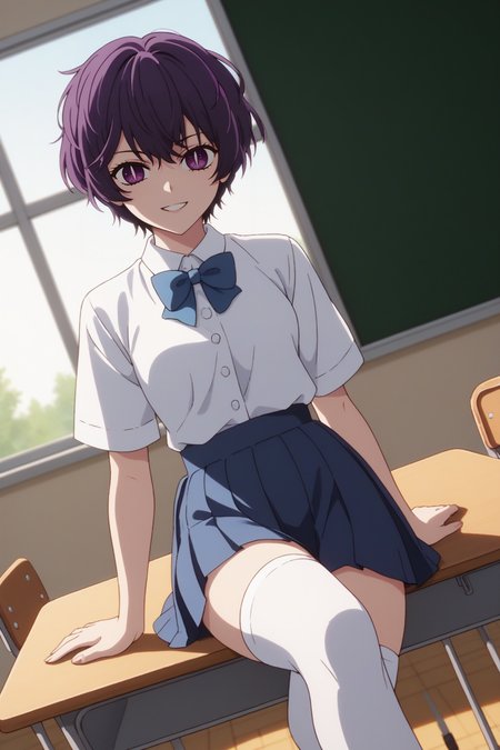 sscore_9, score_8_up, score_7_up, source_anime, 1girl, prefect lighting, very aesthetic, intricate details, highly detailed background, masterpiece, high quality, prefect hands, best quality, solo, 
<lora:Abiko_Samejima_Oshi_No_Ko_V1:.85>, KJOabiko, purple hair, purple eyes, slit pupils, short hair, 
school uniform, blue skirt, white thighhighs, blue bowtie,
cowboy shot, dutch angle, sitting on desk, crossed legs, smirk, looking at viewer, 
classroom, windows, dawn,
(Beautiful, small Breasts:1.2), natural breasts,