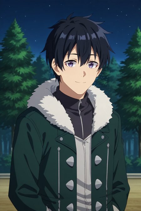 score_9, score_8_up, score_7_up,score_6_up,score_5_up,score_4_up,source_anime,BREAK, rating_safe, intricate details , , , anime screencap, anime coloring, official style, depth of field,1boy, solo, male focus , , ,  <lora:hikaru_machio:0.86>,hiraku machio,light purple eyes,black hair,short hair,bangs,hair between eyes,looking at viewer, smile,grey shirt, closed mouth, jacket, upper body,hood, outdoors,high collar,coat,fur trim,green coat,fur trim hood,night, nature , , , <lora:sdxl_lightning_8step_lora_315544:1>
