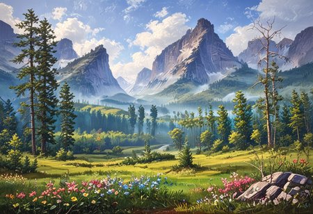 Forest landscape scene, steep mountain valley, lush green fields, small lumbermill, simon stalenhag, storm, dark clouds, windswept, stormy weather, complementary colors, ((Highest quality:1.0),(High resolution:1.0), (masterpiece:1.0), (ground level view:0.6, viewer looking up:0.6), beautiful and aesthetic:1.3), extreme detailed, colorful, highest detailed,((ultra-detailed)),(highly detailed CG illustration),,