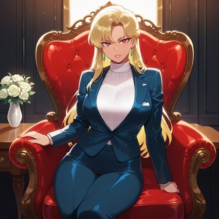 a stunning anime-style female CEO, exuding confidence, sensuality, and authority, tan skin, large expressive eyes, high cheekbones, detailed lips, glossy lips, sleek and sophisticated hairstyle, wearing a form-fitting tailored business suit that accentuates her curves, large breasts, elegant and powerful, sitting in a luxurious leather chair behind a polished wooden desk, modern corporate office with warm lighting, vibrant colors, sharp details, anime aesthetic, masterpiece, high quality, highres, flat colors, gradient, dynamic composition, soft glow, professional yet alluring, commanding presence, strategic and ambitious