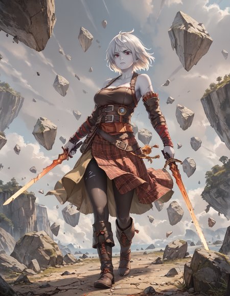 score_9, score_8_up, score_7_up, masterpiece, bosshi, 
1girl, standing, large breasts, 
nahiri, short hair, white hair, colored skin, nahiri, belt, boots, detached sleeves, plaid skirt, red skirt, armor, miniskirt, leather leggings,  
holding sword, older woman, 
 rocks, flying rocks, cracks,
 <lora:NAHIRI:0.8> <lora:Futabu_bosshi_illustration_style:0.8>