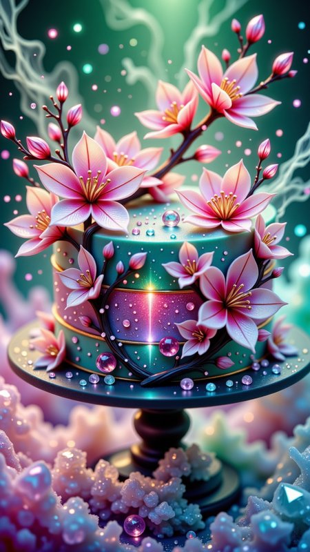 reij-ccnt, accent details, A breathtaking macro photograph of a luxurious, delicately decorated cake adorned with intricate cherry blossoms and sparkling gems, set against a background of mist in crystal tones: emerald green, sapphire blue, and amethyst purple. The soft mist swirls around the cake made of crystalz, casting a magical, ethereal glow on each blossom and gem. The intricate petals of the cherry blossoms appear almost translucent, with dewdrops reflecting the vibrant mist, creating a scene of pure elegance and whimsy. <lora:accent4FLUX:0.5>, Jedjv1 <lora:JedJourney:0.5>, crystalz  <lora:ral-crystalz:0.5>, Jed-ppct, papercutstyle <lora:flux-papercut:0.2>,