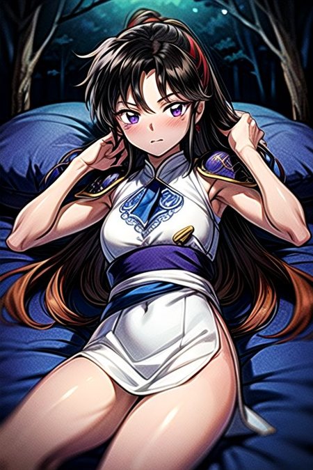 best quality 1girl Setsun4 solo long hair,  (night time) forest background black hair very long hair purple eyes multicolored hair armor, small, (fur trim) (medium body),<lora:EMS-179-EMS:0.800000>,<lora:EMS-293862-EMS:0.800000> bow, hair_bow, hair_tubes, red_bow, brown_hair, long_hair, bangs, ascot, frilled_bow, yellow_ascot, blush, smile, hair_between_eyes, athletic, armor, miko, ,(((intricate outfit,intricate clothes,embroidered outfit,ornate outfit,embroidered clothes,ornate clothes))), laying down, lying down