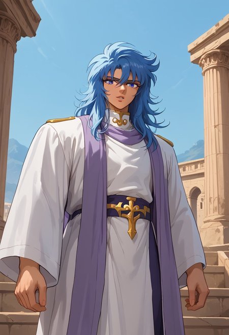 score_9, score_8_up, score_8, score_9, masterpiece, ultra high quality, hd render, male focus, 1boy, solo, JulianSolo, blue hair, very long wavy hair, blue eyes, bangs, hair between eyes, light skin, young man, parted lips, hair between eyes, white robe with purple details, belt,
handsome boy, narrow features, standing, dynamic pose, dynamic shot, looking at viewer, ancient greek ruins scenery, greek styl,  hd render, high quality, retro artstyle, 1990s_(style), 1980s_(style),