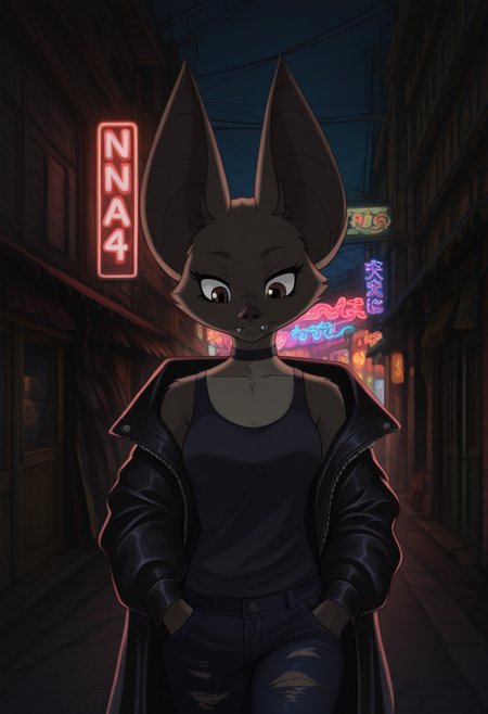 Graphic Design, cinematic lighting, color art, vibrant colors, colorful, intricate details, high contrast, detailed background, beautiful detailed, beautiful face, detailed eyes, detailed face, new, n41n4b4t, 1girl, solo, furry, bat (animal), bat ears, fangs, brown eyes, tank top, choker, leather jacker, long sleeves, ripped jeans, street, neon lights, cowboy shot, hands in pockets, night, dark, dynamic pose, walking, looking down, (masterpiece, best quality, newest, recent, absurdres),