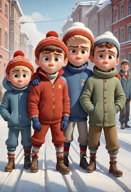 Pixar Disney Style poster about ussr group of boys, ussr sport fashion, winter ussr street, Pixar movie