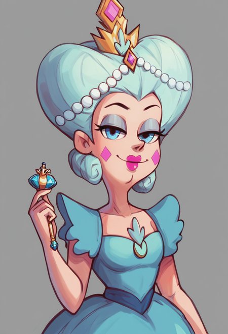 source_cartoon, score_9, score_8_up, score_7_up, mature_female, queen_moon_butterfly, blue_dress, crown, looking_at_viewer, perfect eyes, flat_color, Pretending to struggle with an invisible wind, vanishing point, lower body, rating_safe, <lora:sdxl\pony diffusion\characters\queen_moon_butterfly_pony:1.0>