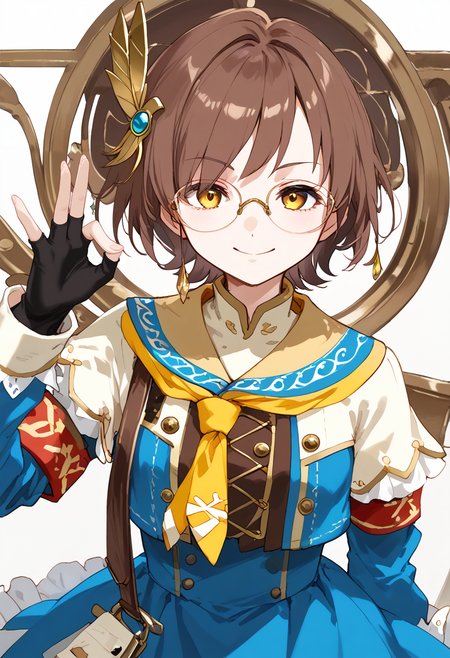 score_9, score_8_up, score_7_up, rating_explicit, uncensored BREAK 1girl, solo, chichae, glasses, brown hair, short hair, yellow eyes, closed smile, yellow necktie, white capelet with leather top underneath, stitches, frilled dress, blue dress with white stripe in the middle, fingerless gloves, red armband with golden rims on the right arm, feather hair ornament, gold buttons, ok sign, ok sign over eye, detailed background, portrait <lora:Chichae-MonsterHunter-Pony:0.9> <lora:sdxl_lightning_8step_lora:1> <lora:ok_sign_pony_d16:0.6>