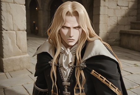 score_9, score_8_up, score_7_up, source_anime, 1boy, solo, expressionless
<lora:zs_FEWarriorsPortraitsXL:1> fewarriorsportraits, portrait, <lora:Alucard_-_Castlevania:0.8> alucard_castlevania, long hair, yellow eyes, pale skin, cape, ascot, black gloves, black pants, coat, stone walls, stone floor, basement setting, castle setting, dutch angle, dynamic angle