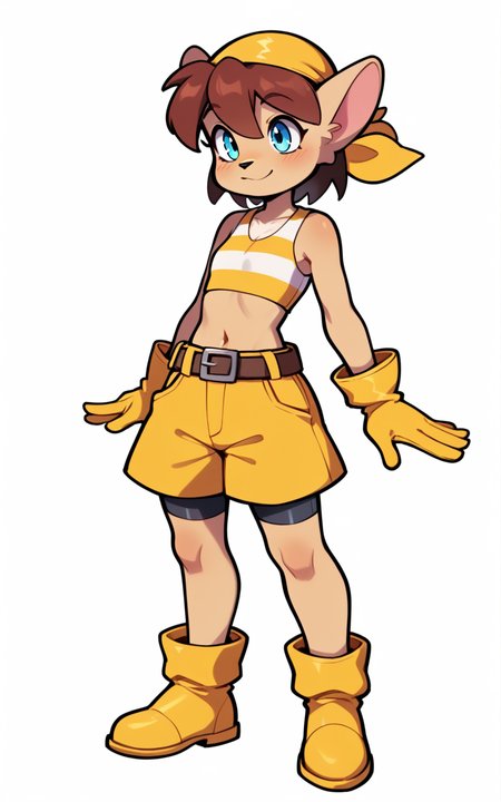 best quality, absurdres,full body, <lora:BolivanteStyleITS:0.8>,  <lora:FPTCITS:0.8>, FPTCITS, striped crop top, yellow crop top, crop top, sleeveless, bike shorts under shorts, furry, furry female, bandana, yellow bandana, tail, animal ears, gloves, shorts, belt, blue eyes, short hair, brown hair, boots, midriff, yellow footwear, yellow gloves,flat chest, yellow shorts, white background, standing