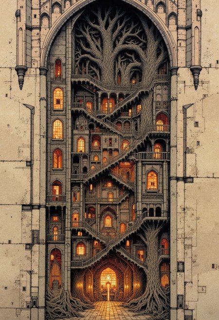 nistyle, rich pen-and-ink architectural cross-section style with hand-etched detail and controlled hatching – a gothic cathedral sliced vertically to reveal secret inner chambers, massive organ pipes twisted into tree trunks, staircases coiling like DNA strands, walls densely annotated with ink symbols and blueprints blending into living veins, each section rendered with flawless line fidelity and deep texture variation – extreme clarity, museum-grade lighting, multi-focus rendering for depth perception
S1n0z1ck style