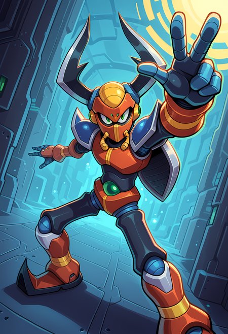 masterpiece, best quality, amazing quality, dutch angle, abstract background, BREAK
1boy, solo, male focus, mmx_boomer, helmet, horns, green eyes, robot, armor, BREAK
<lora:cfg_scale_boost:.6>  <lora:Boomer_Kuwanger_-_Mega_Man_X_-_ILXL:1>