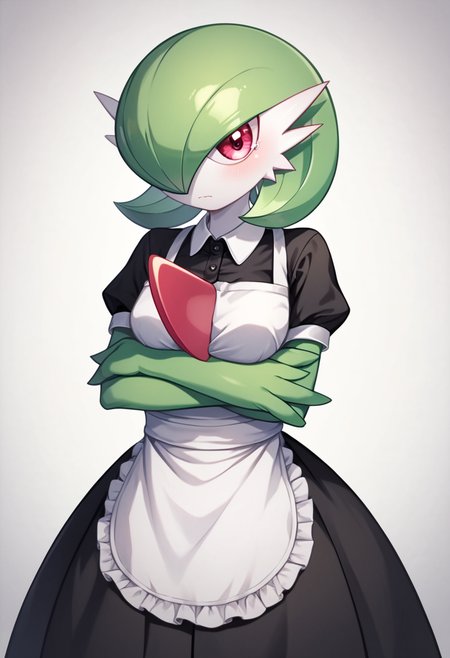 score_9, score_8_up, score_7_up,  <lora:gardevoir:1>ï¼black_apron, black_shirt, bob_cut, crossed_arms, gardevoir, green_hair, hair_over_one_eye, highres, looking_at_viewer, pink_eyes, pokemon_\(creature\), polo_shirt, sad, short_sleeves, simple_background, solo, teardrop, waist_apron, white_background, white_skin