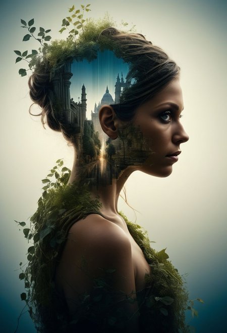 mysterious silhouette beautiful antique woman in a toga, (hanging gardens of babylon), goddess, alluring, by Minjae Lee, Carne Griffiths, Emily Kell, Steve McCurry, Geoffroy Thoorens, Aaron Horkey, Jordan Grimmer, Greg Rutkowski, amazing depth, double exposure, surreal, geometric patterns, intricately detailed, bokeh,  perfect balanced, deep fine borders, artistic photorealism , smooth,  great masterwork by head of prompt engineering   <lora:add-detail-xl:2>  <lora:Double_Exposure:0.5> , very close-up