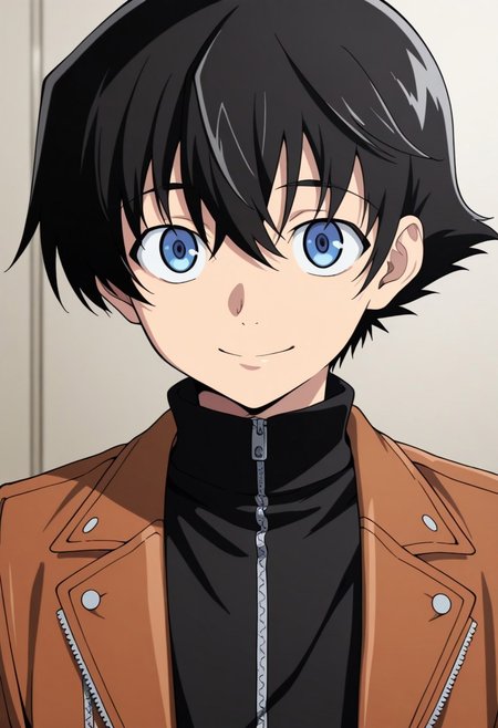 masterpiece,best quality,amazing quality, source_anime, 
YukiteruAmano, 1boy, male focus, solo, blue eyes, black hair, black shirt, turtleneck, zipper, jacket, brown jacket, open jacket, smile, portrait,