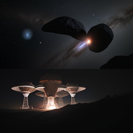 In the mining operation within Odysset's rings, massive platforms and interconnected structures sprawl across the cosmic expanse. Bright floodlights cut through the darkness, revealing workers clad in rugged space suits maneuvering among towering cranes and robotic arms. Transport vessels dart back and forth against the backdrop of the star-studded void, ferrying payloads of ore to processing facilities stationed on nearby asteroids. The scene is a symphony of activity amidst the celestial silence, with the distant glow of the planet Odysset providing a serene backdrop to the bustling industrial operation., BREAK, (sci-fi, futuristic, space, asteroid:1.3), BREAK, <lora:detailed_notrigger:1>,   <lora:Expanse_Science_Fiction_Comic_Style_SDXL:1> expnscom