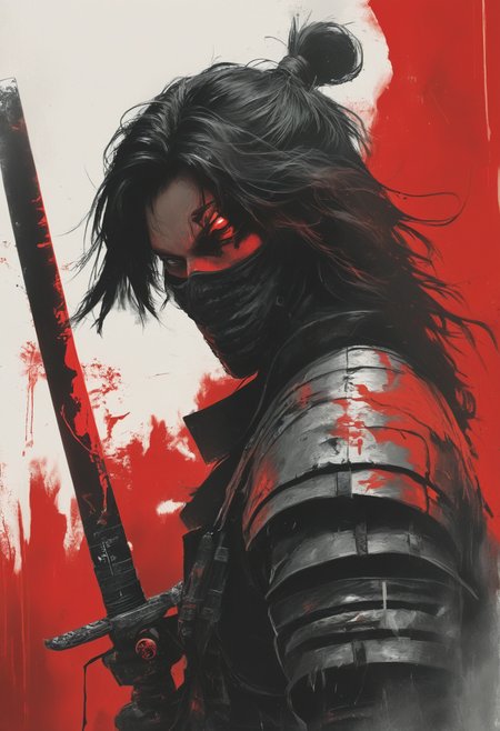 samurai, cyberpunk theme, two-tone, black hair, side view, from side, monochrome, red theme, white theme, shadowed face, shiny eye, red eyes, smoke, masked, hidden face, samurai armor, cowboy shot, red katana, red blood stain, standing, red background, painting