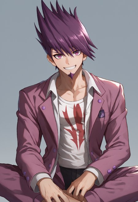 score_9_up score_8_up score_7_up, sitting, smile, looking at viewer, simple background
BREAK
momota kaito default, 1boy, facial hair, goatee, spiked hair, purple eyes, purple hair, bangs, short hair, beard, shirt, jacket, jacket on shoulders, print shirt, pants, open clothes, white shirt, open shirt, long sleeves, open jacket
 <lora:danganranpa_v3_pony_d16:1>