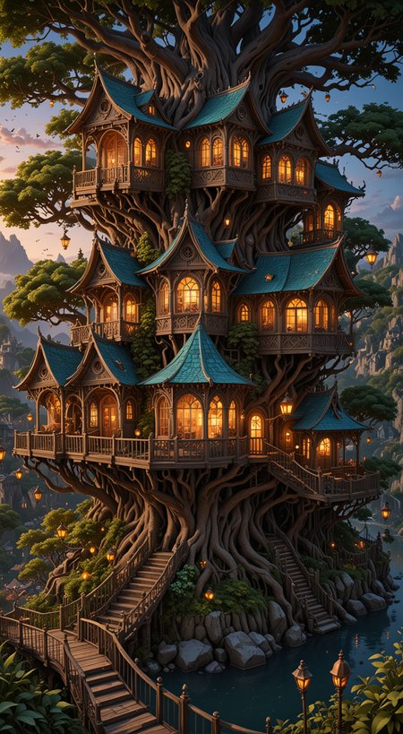 a wonderous and beautiful fantasy world with the Tree House Mansion Village, Multiple Bridges, in the night, insanely detailed and intricate, hyper maximalist, elegant, hyper realistic, super detailed, vivid colours, sunrise, ornate, dynamic, articulate, 8K, <lora:3D_Framed_Wall_Art_-_By_DICE:0.6>, (Framed 3D, 3d Tree), EPIC,  Painstaking Attention To Detail, UHD