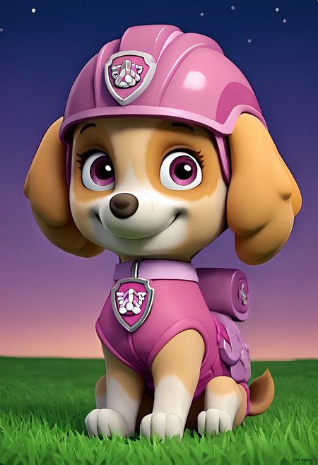 BREAK Score_9_up, Score_8_up, Score_7_up, source_anime, (sideways), skyepp, dog, feral, pink vest, pink collar, pink goggle helmet, sitting, view away from viewer, smile, night, grass,