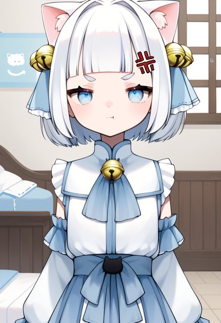 score_9, score_8_up, score_7_up, source_anime, 1girl, kasii, <lora:Kasii:1>, looking at viewer, annoyed, indoors, white hair, cat ears, cowboy shot, round eyebrows, feet out of frame, bells, solo, white eyebrows,
