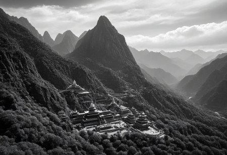 landscape, (black and white, b&w, chrome, monochrome, greyscale, grain), science fiction, breathtaking (otherworldly),highly insanely detailed,masterpiece,top quality,best quality,highres,4k,8k,RAW photo,(beautiful and aesthetic),Fantasy style,oriental scenery,wonderland,vista,clouds,mountains,Buddha light,giant Buddha,Silhouettes of people,dazzling,rich colors,<lora:add_detail:0.7>,(mewkledreamy:1.1), . award-winning, professional, highly detailed