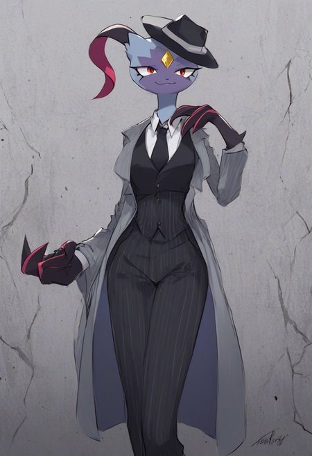 score_9, score_8_up, toony, Sneasler, grey body, big claws, one long ear, red eyes, 1girl, furry female, solo, pokemon(creature), tall, smile, forehead jewel, body fur, wide hips, small waist, BREAK, Pinstripe Suit, mafia suit, hat, mafi4, necktie, gloves, suit, fedora, white shirt, black vest, coat, concrete background, spotlight