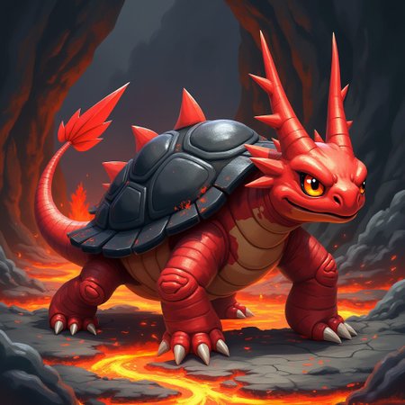 <lora:Flux_Fake_Pokemon:1> a fluxfakemon of a fire turtle with red skin, a black shell, and a dragon's face. Its legs and hands have sharp claws, and the face has thin, elongated red dragon horns. The background is a dark cave with a lava lake.