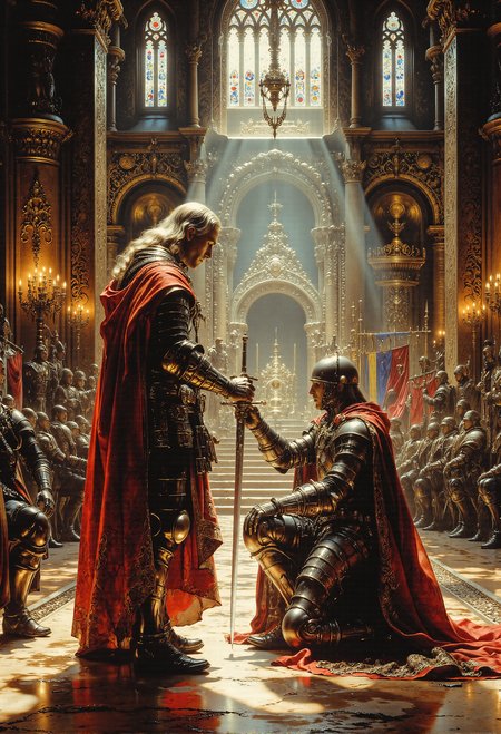 A realistic medieval knighting ceremony set in a grand castle hall. The scene features a high-ranking nobleman or king, wearing a resplendent red cape with gold accents, standing on a raised platform illuminated by soft sunlight streaming through tall stained-glass windows. He holds a gleaming ceremonial sword, tapping it lightly on the shoulder of a kneeling knight in full plate armor, signifying the oath of fealty. Surrounding the platform are rows of onlookers, including knights in polished armor, nobles in elegant robes, and guards holding banners adorned with intricate heraldry. The atmosphere is solemn yet majestic, with warm sunlight highlighting the rich reds, golds, and silvers of the setting, while shadows add depth to the stone walls and ornate tapestries. The polished marble floor reflects the soft glow of flickering candles on iron candelabras, completing the scene with a sense of historical grandeur and reverence. <lora:frazetta_flux_v2-000150.safetensors:0.5>,  <lora:Flux_-_Renaissance_art_style.safetensors:0.15>,  <lora:ancient.safetensors:0.3>,  <lora:Elden_Ring_-_Yoshitaka_Amano.safetensors:1.0>,  <lora:aiai-Glimra-Flux-Dev-v2.safetensors:1.0>,  <lora:ARTifacts.safetensors:0.5>,  <lora:Movie_Portrait.safetensors:0.5>,  <lora:- Flux1 - soothing_atmo_V2.0.safetensors:0.2>,  <lora:lith_mimosa_kiel_grw134_FLUX.safetensors:0.4>,