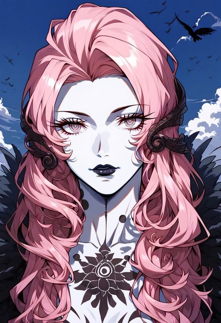 1girl, full body lilithsmtvv, pink hair, long hair, hair ornament, pink eyes, colored skin, lipstick, makeup, black wings, full-body tattoo, yellow field, dark deep blue sky, evening. upper body shot, closeup, portrait, sky, clouds, blacklight, dappled light,dappled sunlight  <lora:sxz-Slavic-Fantasy-pdxl:0.75>, BREAK, score_8_up, score_7_up, Expressiveh, slavic,kanekostyle, lipstick, eye shadow, eyelashes
