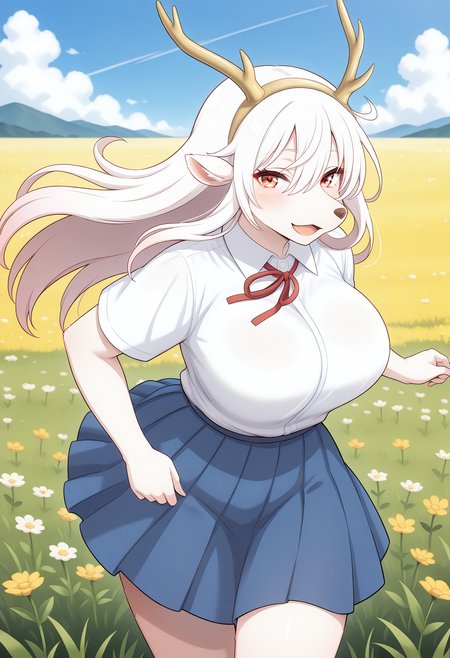 haruhino_shirona, red eyes, white hair, long hair, antlers, furry female, furry, animal ears, (animal nose:1.2), body fur, hairband, neck ribbon, school uniform, collared shirt, white shirt, blue skirt, <lora:haruhino_shirona_illustrious_ver1:0.8> 
smile, open mouth,  1girl, solo, (field:1.2), (blue sky:1.2), looking at viewer,, masterpiece, best quality, general,, (cowboy shot, dynamic pose:1.4),