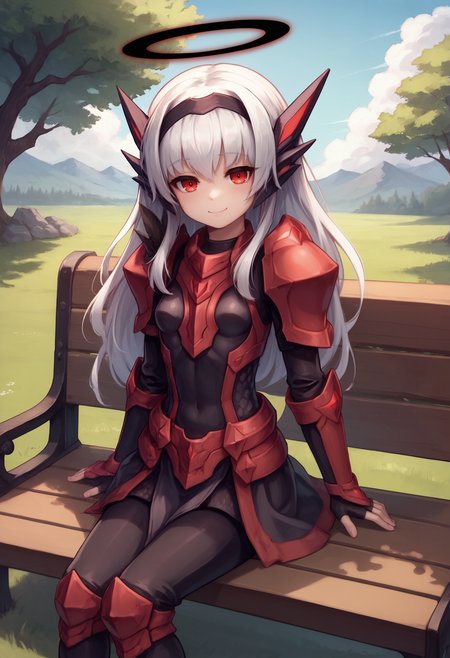 zPDXL, 1girl, solo BREAK
darkmel, darkmel-armor, hairband, headgear, closed mouth, small breasts, halo,
seductive smile, looking at viewer,
sitting on bench,
outdoors, grass, tree,
<lora:darkmel-ponyxl-kohya-000006:0.6>