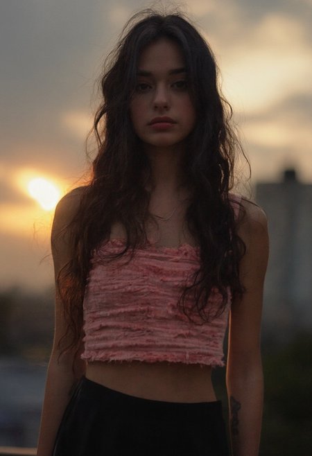 [22]Realistic photograph, Frontal photography, Look front, evening, dark clouds, the setting sun, On the city rooftop, A 20 year large breasts old female, Pink top, Black Leggings,black hair, long hair, dark theme, muted tones, pastel colors, high contrast, (natural skin texture, A dim light, high clarity), ((sky background)), ((Facial highlights)),